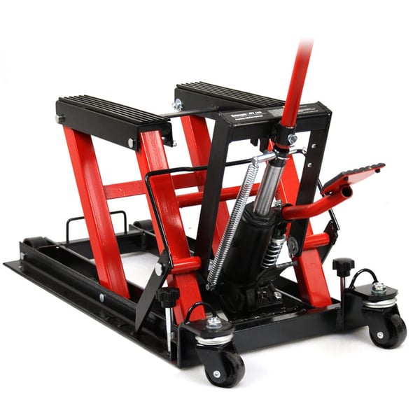Motorcykelløfter - Hydraulisk løftebord - Maks. belastning 680 kg - Højde 11,5–37,5 cm - Platform 30×28 cm - Størrelse 75×35×15 cm - Rød