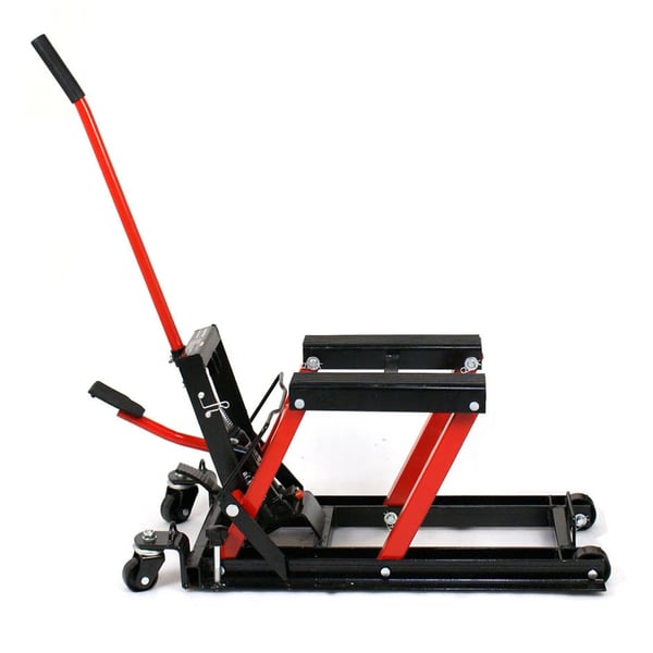 Motorcykelløfter - Hydraulisk løftebord - Maks. belastning 680 kg - Højde 11,5–37,5 cm - Platform 30×28 cm - Størrelse 75×35×15 cm - Rød