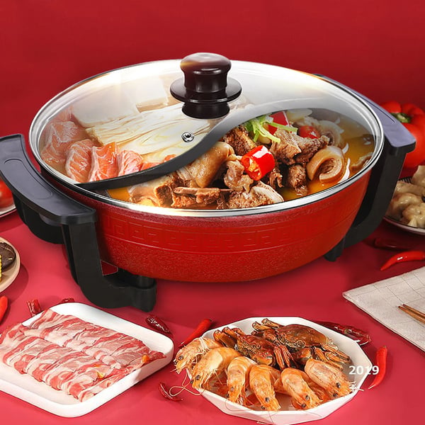 Yuanyang Hot Pot - Elektrisk hotpot-gryde - 6 L - 1300 W - Delt 2 smage - Rustfrit stål - Rød