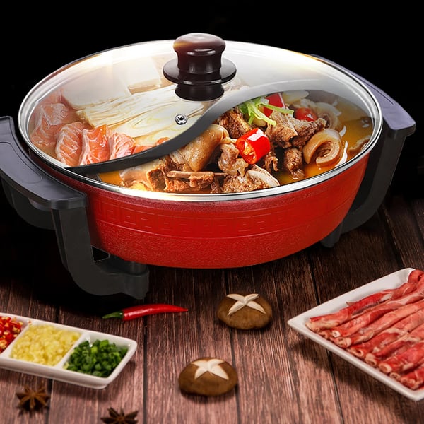 Yuanyang Hot Pot - Elektrisk hotpot-gryde - 6 L - 1300 W - Delt 2 smage - Rustfrit stål - Rød