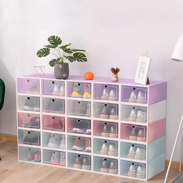 20 kpl taitettavat kenkälaatikot, laatikkomalli, PP-muovi, violetti, kansilla, pinottavat, Style 7