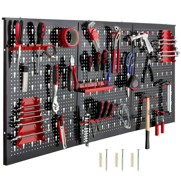 Työkalutaulu reikälevy - Seinäkiinnitteinen 120x60x2 cm - Metalli - Sarja 17 koukkua - Työkalujen säilytys - Punainen