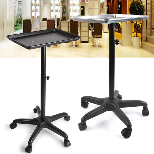 Salon rullevogn i aluminium, med bakke, højdejusterbar, mobil til frisør/tatovør/spa, sort