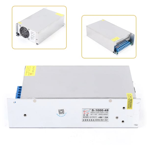 Strømforsyning - Switch-mode strømforsyning - 1000 W - 20 A - Indgang AC 220 V - Udgang DC 48 V - 24,1×12,2×6,5 cm - 1,36 kg - Sølv