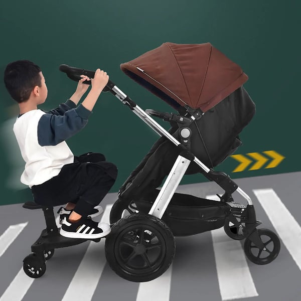 Universelt ståbræt til klapvogn, 2‑i‑1 buggy board med hjul og sæde, sort