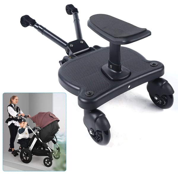 Universelt ståbræt til klapvogn, 2‑i‑1 buggy board med hjul og sæde, sort