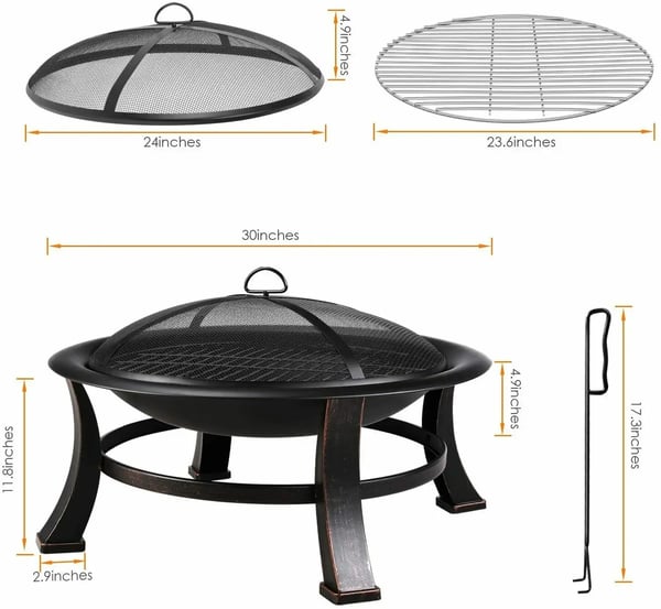 Udendørs bålsted - Rund ildskål Ø 76 cm - Brændefyret - Grillrist til BBQ - Gnistskærm - Ildrager