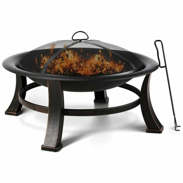Udendørs bålsted - Rund ildskål Ø 76 cm - Brændefyret - Grillrist til BBQ - Gnistskærm - Ildrager