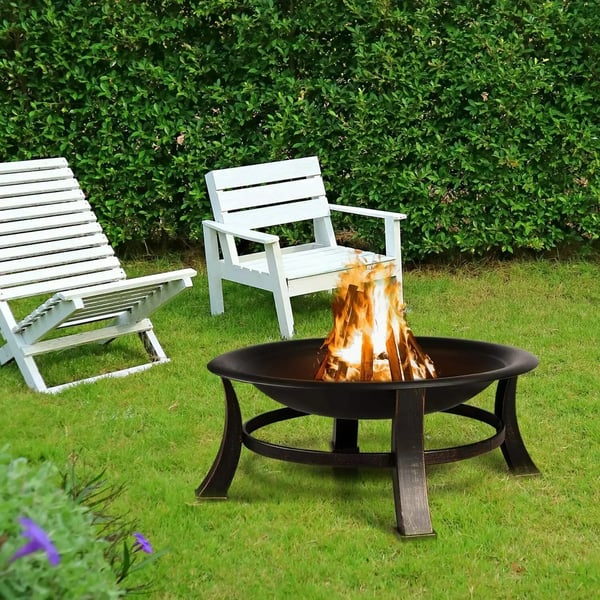 Udendørs bålsted - Rund ildskål Ø 76 cm - Brændefyret - Grillrist til BBQ - Gnistskærm - Ildrager