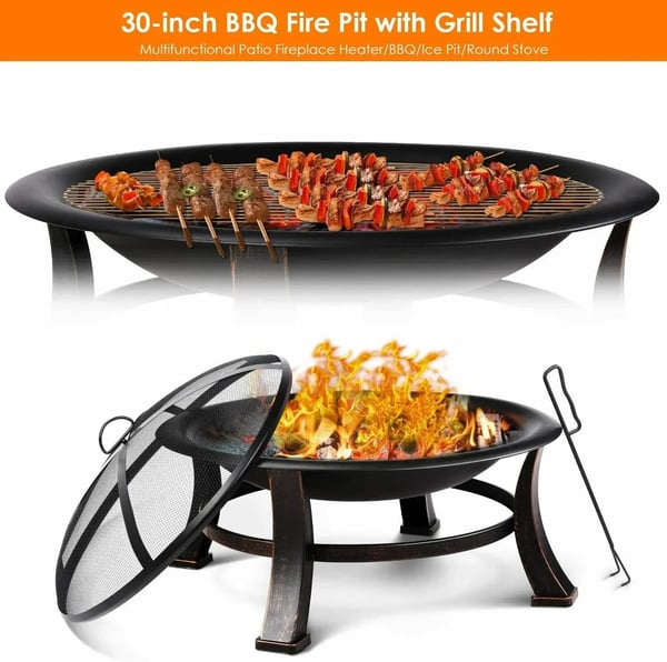 Udendørs bålsted - Rund ildskål Ø 76 cm - Brændefyret - Grillrist til BBQ - Gnistskærm - Ildrager