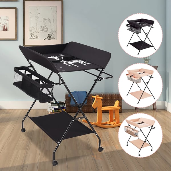 Baby puslebord, foldbar bleskiftestation, med opbevaring og hjul, sort