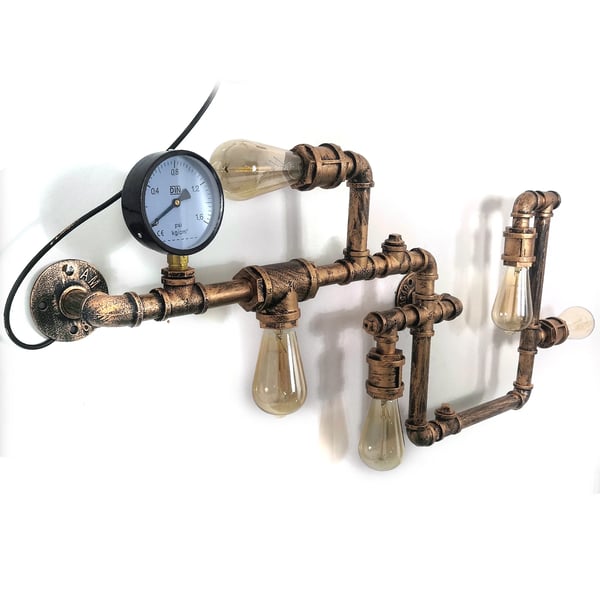Væglampe i antik jern, 5-lys vandrørsdesign, industriel vintage loftstil, chokoladebrun