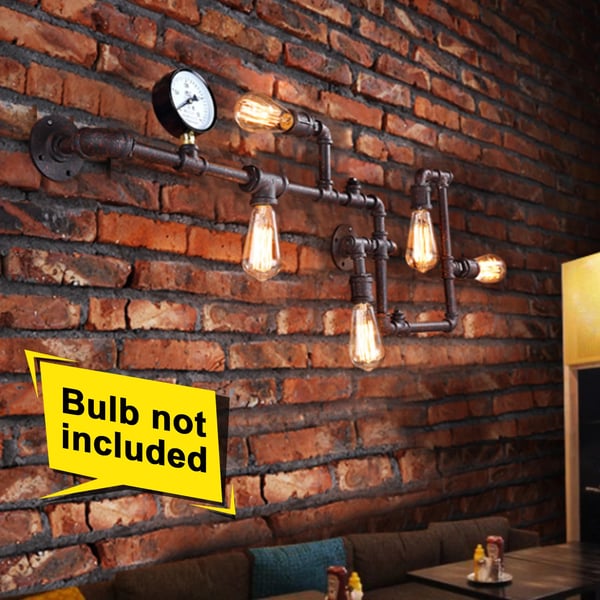 Væglampe i antik jern, 5-lys vandrørsdesign, industriel vintage loftstil, chokoladebrun