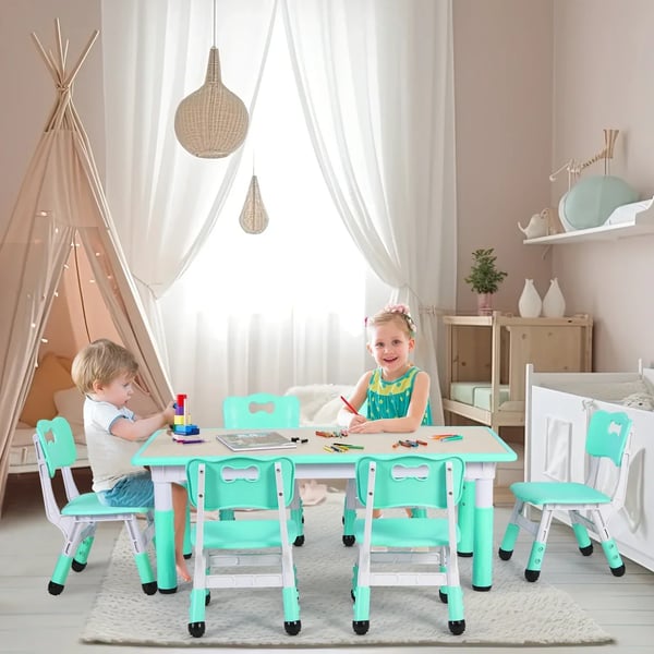 Rektangulært børnebord med 6 stole - KT-TC06 - Højde 48–60 cm - 120×60 cm - 7-dels sæt - Plast-træ komposit - 2–10 år - Lysegrøn