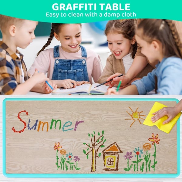 Rektangulært børnebord med 6 stole - KT-TC06 - Højde 48–60 cm - 120×60 cm - 7-dels sæt - Plast-træ komposit - 2–10 år - Lysegrøn