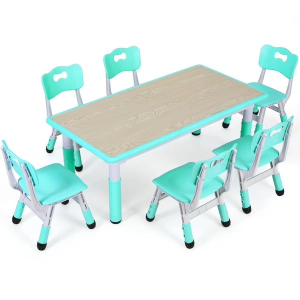 Rektangulärt barnbord med 6 stolar - KT-TC06 - Höjd 48–60 cm - 120×60 cm - 7-delars set - Plast-trä komposit - 2–10 år - Ljusgrön