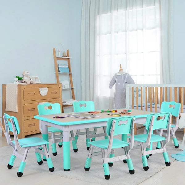 Rektangulært børnebord med 6 stole - KT-TC06 - Højde 48–60 cm - 120×60 cm - 7-dels sæt - Plast-træ komposit - 2–10 år - Lysegrøn
