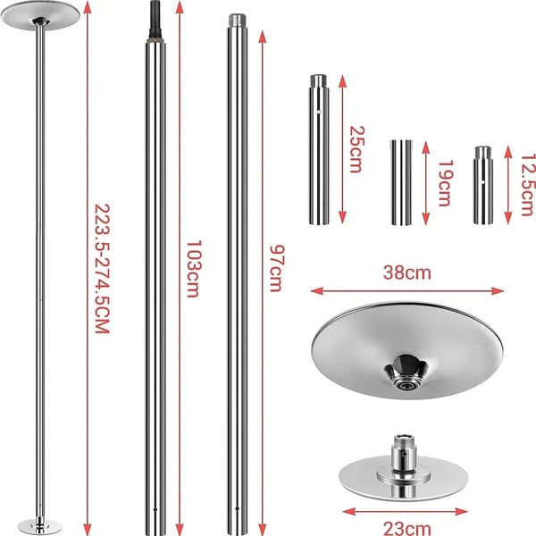 Pole Dance Stang - Stripperstang 45 mm - Roterende - Justerbar 2,35–2,74 m - Rustfrit stål - Aftagelig montering