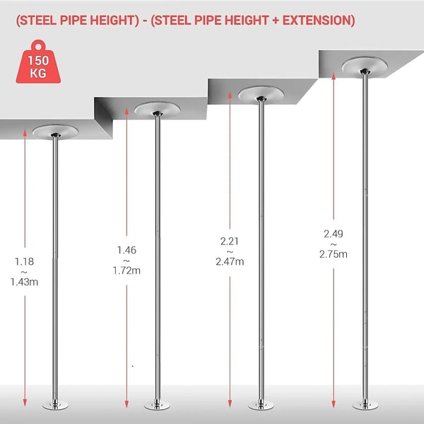 Pole Dance Stang - Stripperstang 45 mm - Roterende - Justerbar 2,35–2,74 m - Rustfrit stål - Aftagelig montering