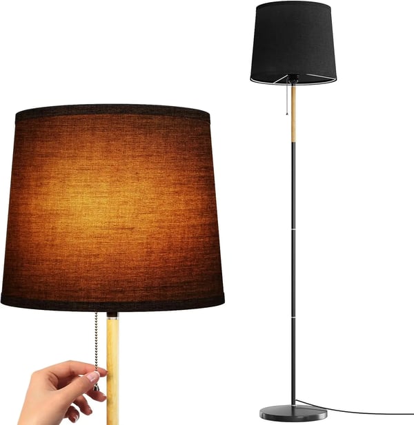 Moderne gulvlampe - Standerlampe E27 - Stofskærm - Træ og metal - Op & ned-lys - Drejekontakt - 220 V AC - Sort