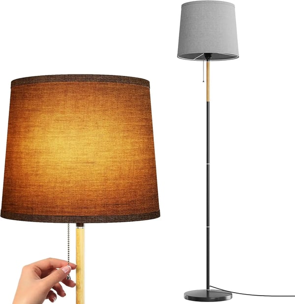 Moderni lattiavalaisin - E27 lattiavalaisin kangasvarjostimella - Puurunko - Kiertokytkin - 10–15 m² valaistus - Ilman lamppua - Harmaa
