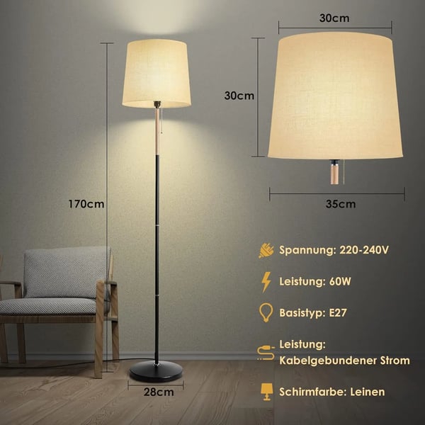 Moderni lattiavalaisin - Jalkalamppu varjostimella - E27-kanta - Puurunko - 220 V - Polttimo ei sisälly - Beige/valkoinen