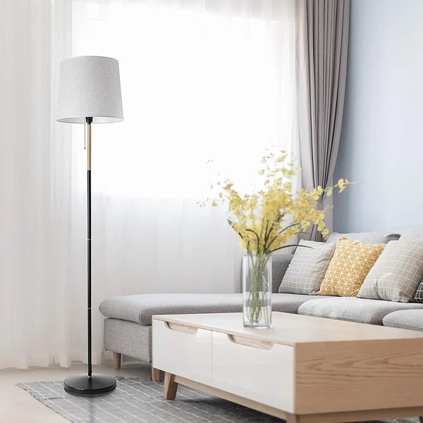 Moderni lattiavalaisin - Jalkalamppu varjostimella - E27-kanta - Puurunko - 220 V - Polttimo ei sisälly - Beige/valkoinen