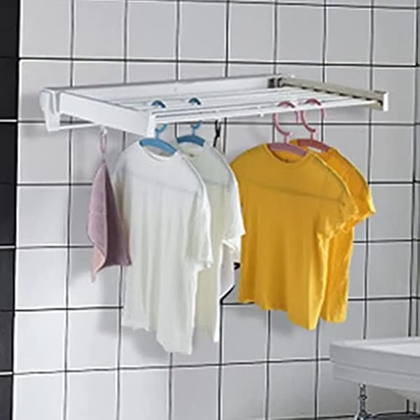 Tørrestativ til tøj, vægmonteret, sammenklappeligt, 7 tørrestænger, hvid