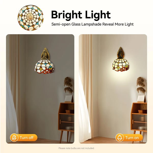 Tiffany-stil - Væglampe - Viktoriansk vintage - Kuppel i farvet glas - Til badeværelse - E27 6–10 W LED - 220 V 50 Hz - Pære medfølger ikke - Beige