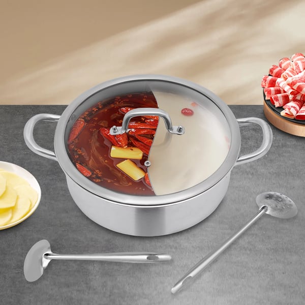 Shabu Shabu Hot Pot - Delt Gryde - 32 cm - 304 Rustfrit Stål - 2 Rum - Glaslåg - 2 Suppeskeer - Induktion & Gas - Lysegrå