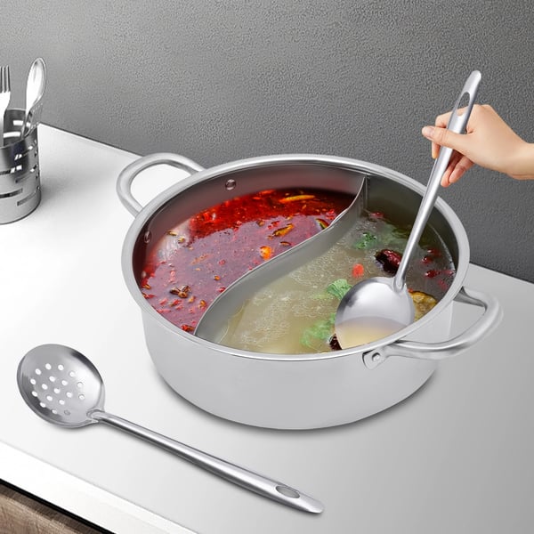 Shabu Shabu Hot Pot - Delt Gryde - 32 cm - 304 Rustfrit Stål - 2 Rum - Glaslåg - 2 Suppeskeer - Induktion & Gas - Lysegrå