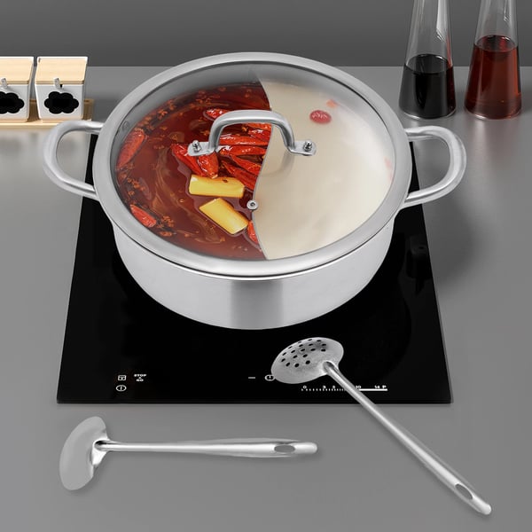 Shabu Shabu Hot Pot - Delt Gryde - 32 cm - 304 Rustfrit Stål - 2 Rum - Glaslåg - 2 Suppeskeer - Induktion & Gas - Lysegrå