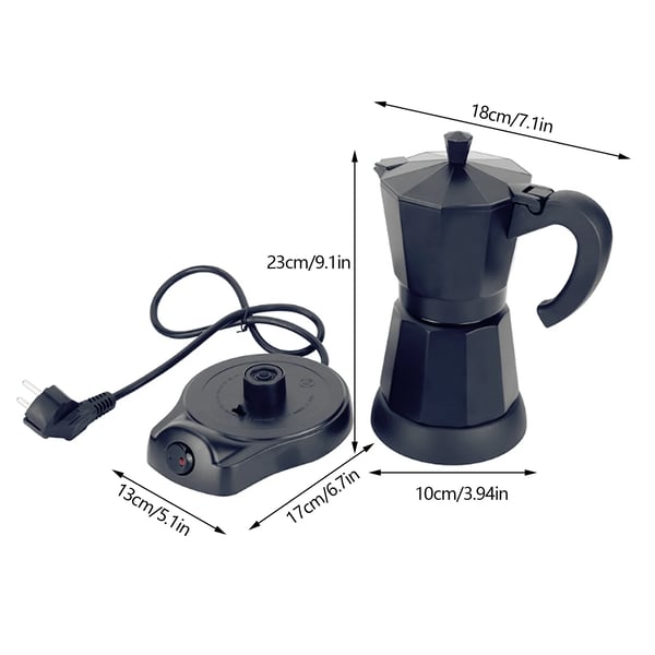 Espressokande - Elektrisk mokkakande - Kapacitet 300 ml / 6 kopper - Aluminium - Spænding 220–240 V 50 Hz - EU-stik - Sort