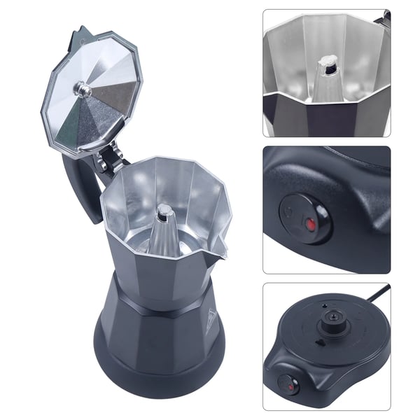 Espressokande - Elektrisk mokkakande - Kapacitet 300 ml / 6 kopper - Aluminium - Spænding 220–240 V 50 Hz - EU-stik - Sort
