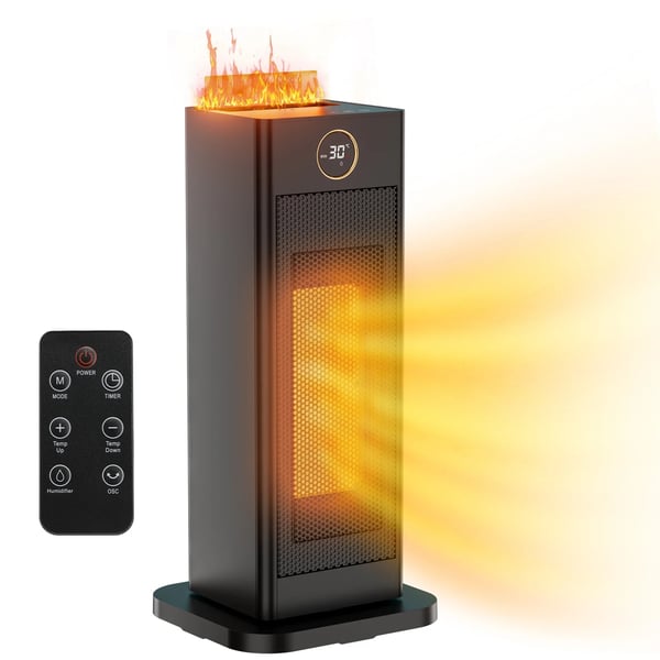 Energisnål keramisk värmefläkt - 2000 W, Höjd 40,5 cm - Fjärrkontroll - Timer 1–12 h - Luftfuktare - Armégrön