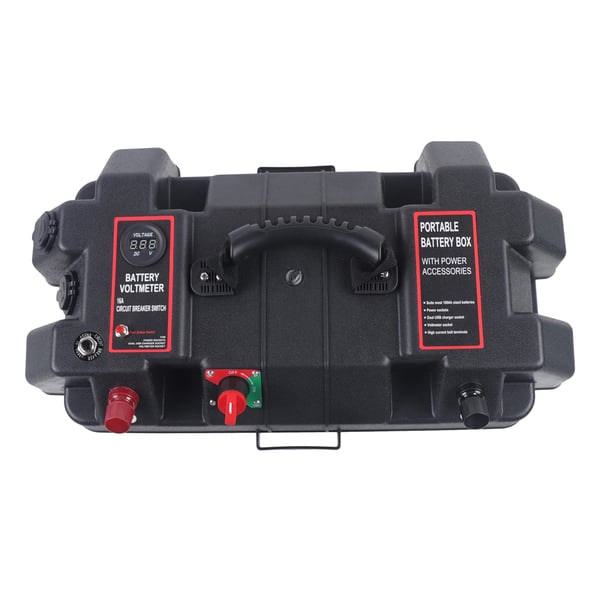 Multifunktions batterikasse - Trollingmotor/Båd/Camper/Bil - PP - 44×24,5×27 cm - Indre 35×18×20 cm - Dobbelt fastgørelse rem+bundskrue - Sort