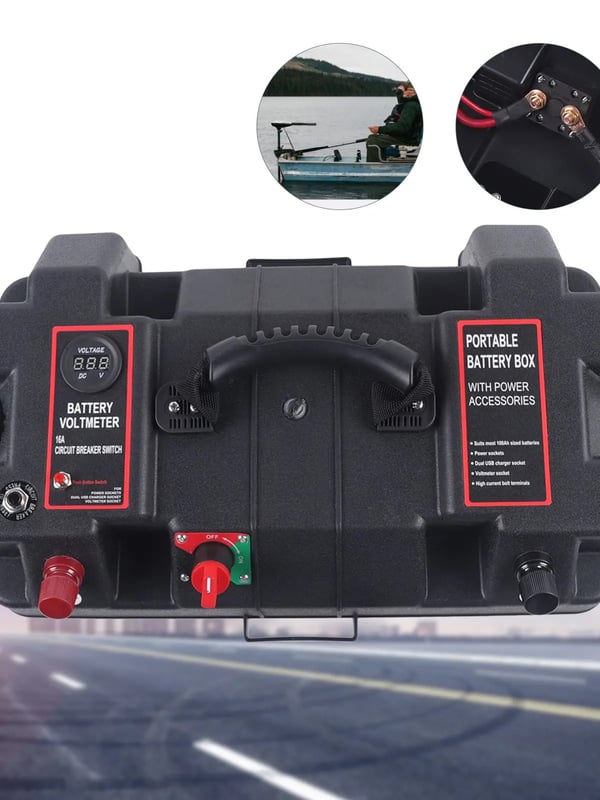 Multifunktions batterikasse - Trollingmotor/Båd/Camper/Bil - PP - 44×24,5×27 cm - Indre 35×18×20 cm - Dobbelt fastgørelse rem+bundskrue - Sort