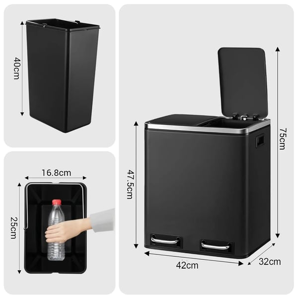 Keittiön roska-astia - Kaksiosastoinen poljinastia - 2x15 l - Ruostumaton teräs - Soft-close, auki-asento - Musta