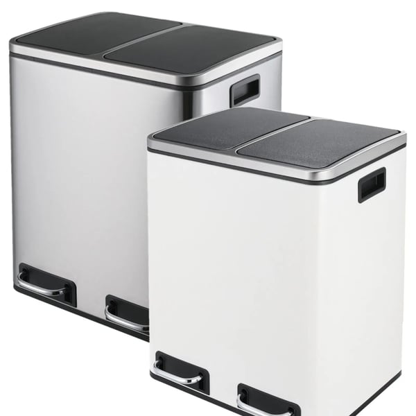 Keittiön roskis - Kaksiosainen poljinroskis - 2x15 l (30 l) - Ruostumaton teräs - Soft close, auki-asento - Irrotettavat sisäastiat - Hopea