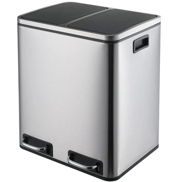 Keittiön roskis - Kaksiosainen poljinroskis - 2x15 l (30 l) - Ruostumaton teräs - Soft close, auki-asento - Irrotettavat sisäastiat - Hopea