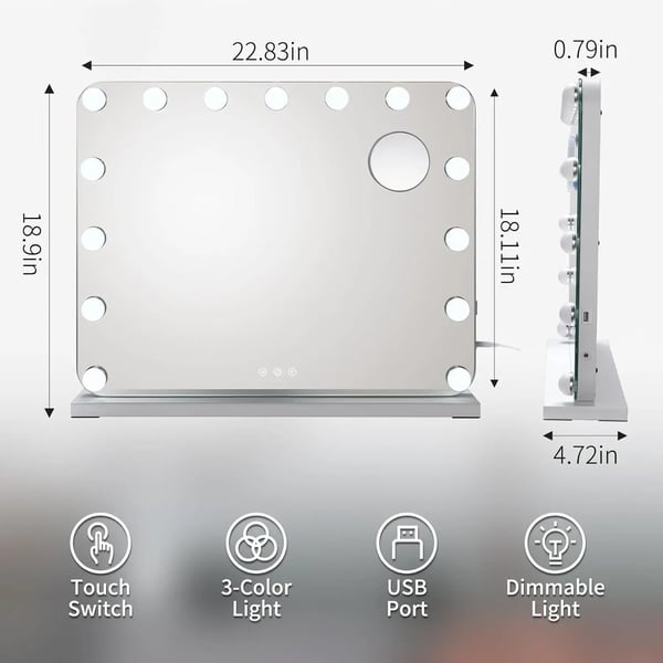 Hollywood-meikkipeili - Pöytämalli - 15 himmennettävää LED-lamppua - 3 valotilaa - USB-portti - 58,4 x 48,3 x 12 cm - Valkoinen