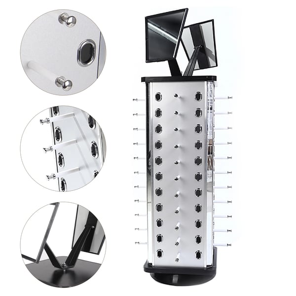 Solbrille- og brilledisplay - Gulvstativ - Firkantet - 360° Roterende - Fritstående - 44 Par - Med Spejl - Aluminium & Plast - Blommefarvet