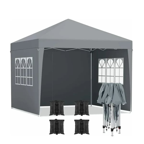 Puutarhapaviljonki - Partyteltta/Gazebo 3x3 m - Teräsrunko - PU-pinnoitettu kangas - 4 Sivupaneelia - Aurinkosuoja - Tummanharmaa