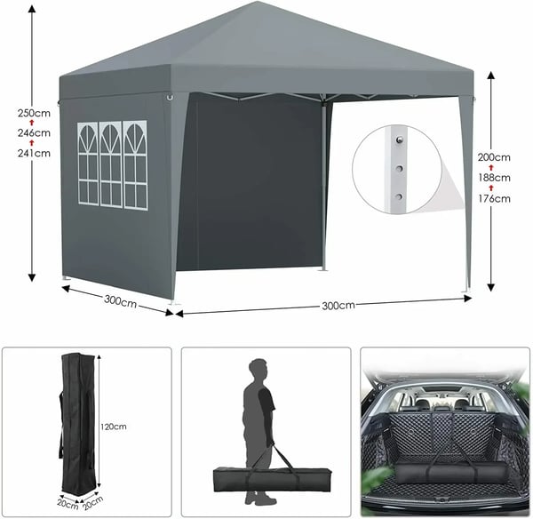 Havepavillon - Partytelt/Gazebo 3x3 m - Stålramme - PU-belagt canvasdug - 4 Sidepaneler - Solafskærmning - Mørkegrå