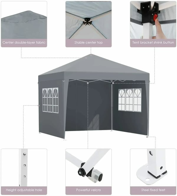 Havepavillon - Partytelt/Gazebo 3x3 m - Stålramme - PU-belagt canvasdug - 4 Sidepaneler - Solafskærmning - Mørkegrå