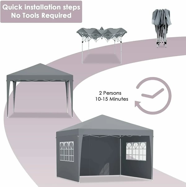 Havepavillon - Partytelt/Gazebo 3x3 m - Stålramme - PU-belagt canvasdug - 4 Sidepaneler - Solafskærmning - Mørkegrå