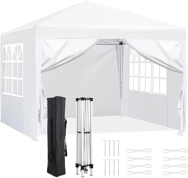 Pop-up paviljonki - 3x3 m juhlateltta - Sivuseinät ja ikkunat - Säädettävä korkeus 176–200 cm - Teräsrunko - PVC-Oxford - Rullalaukku - Valkoinen