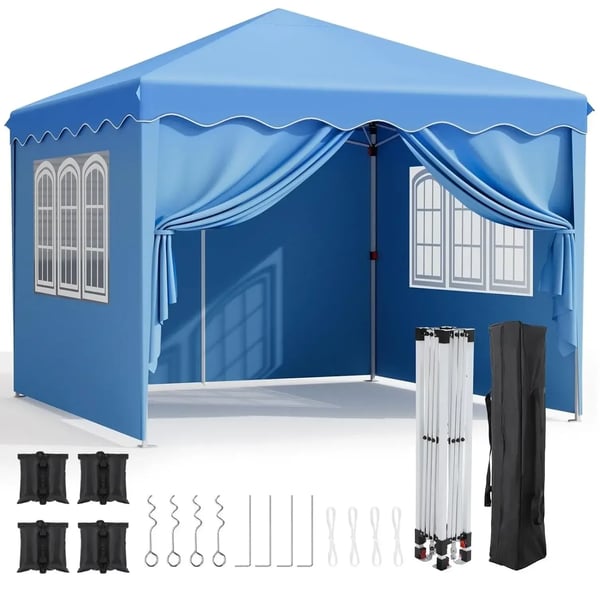 Pop-up paviljonki - Juhlateltta 3x3 m - Teräsrunko - Oxford-kangas - Sivuseinät ikkunoilla - Säädettävä korkeus 176–200 cm - Taivaansininen