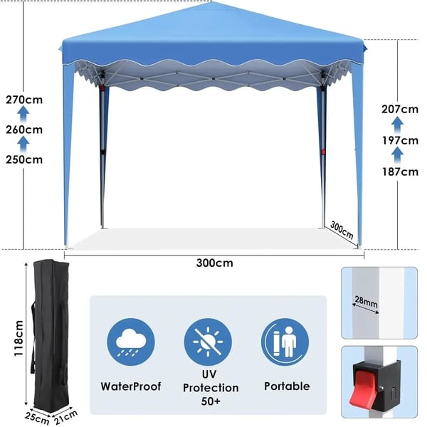 Pop-up paviljonki - Juhlateltta 3x3 m - Teräsrunko - Oxford-kangas - Sivuseinät ikkunoilla - Säädettävä korkeus 176–200 cm - Taivaansininen