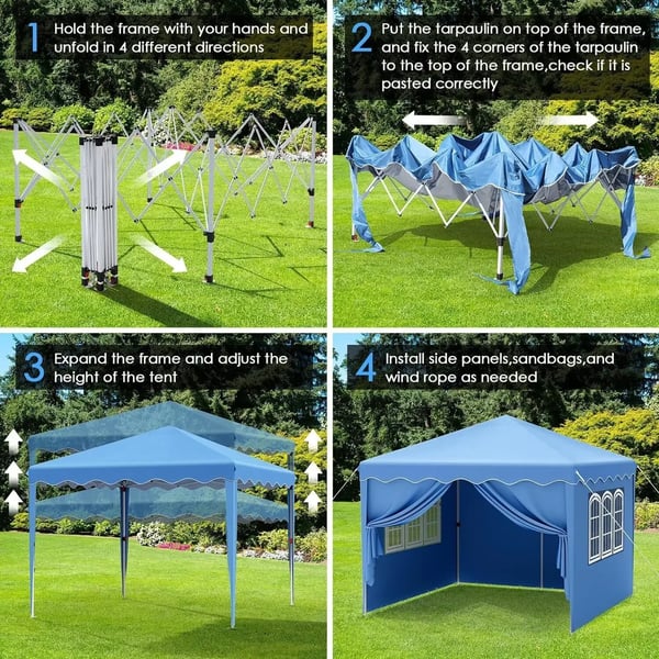 Pop-up paviljonki - Juhlateltta 3x3 m - Teräsrunko - Oxford-kangas - Sivuseinät ikkunoilla - Säädettävä korkeus 176–200 cm - Taivaansininen